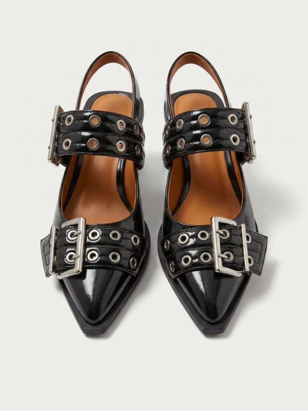 Black Patent Pointed-Toe Slingback Flats with Buckle Straps - Never worn